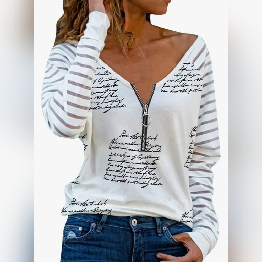 White Striped Women's Top with Zipper